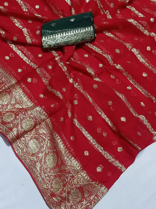 Gergette zari saree with contrast blouse in Jaipuri color