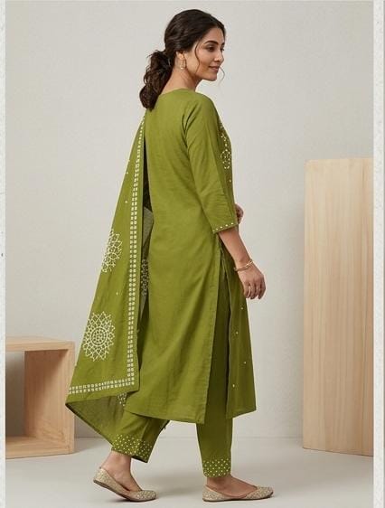 Women's green printed cotton ethnic suit set