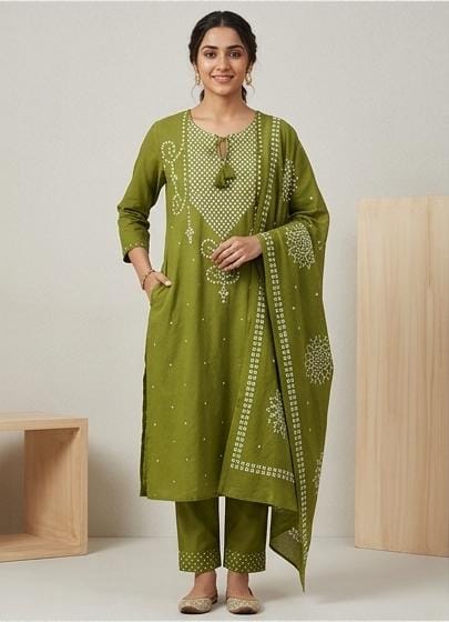Green Bandhani print suit set for women in cotton fabric