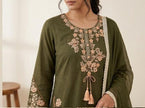 Green kurta with embroidery on yoke sleeves and pants