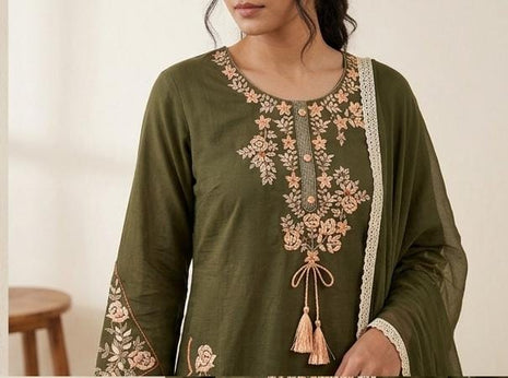 Green kurta with embroidery on yoke sleeves and pants