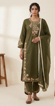Green embroidered straight fit suit set for women