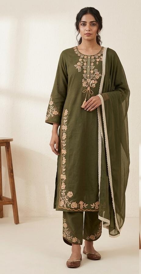 Green embroidered straight fit suit set for women