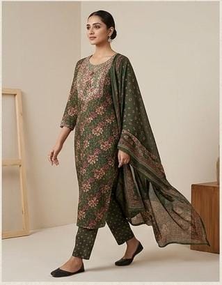 Green floral print straight fit suit set for women with embroidery