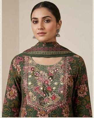 Women's green floral printed straight fit ethnic suit