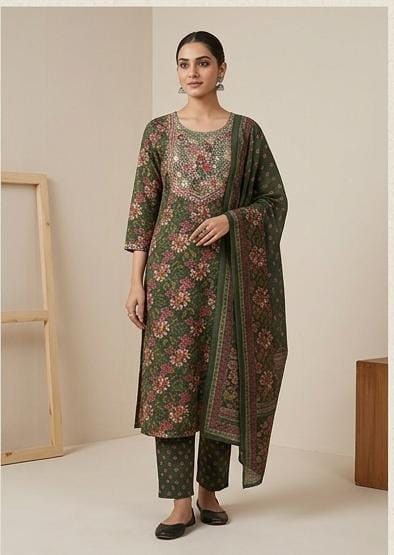 Green straight fit kurta with floral pattern and embroidery work