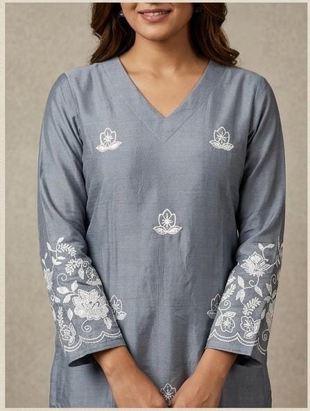 Straight fit grey kurta with floral printed dupatta for women