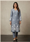 Grey embroidered kurta set with digital floral print dupatta