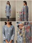 Grey straight fit suit set for women with white embroidery