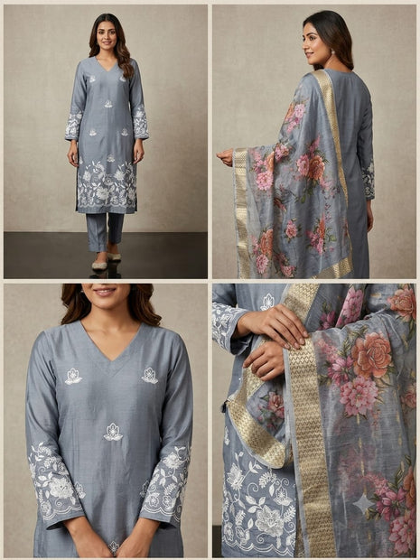 Grey straight fit suit set for women with white embroidery