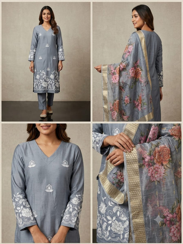 Grey straight fit suit set for women with white embroidery
