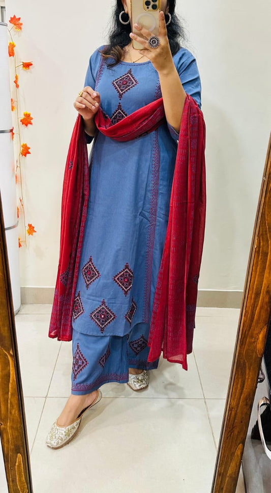 Premium Hand Block Cotton Suit Set with Mirror Work