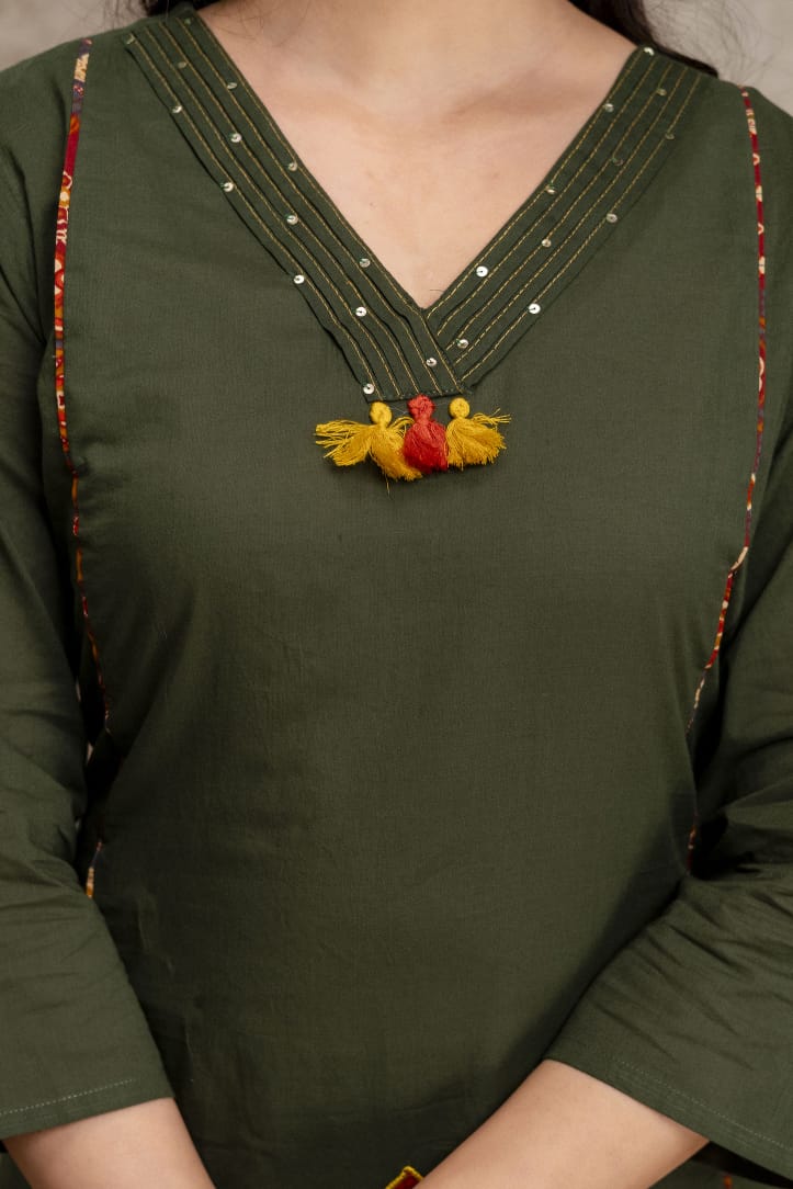 Ahalya Hand Embroidered Cotton Kurti Pant Set with Dupatta