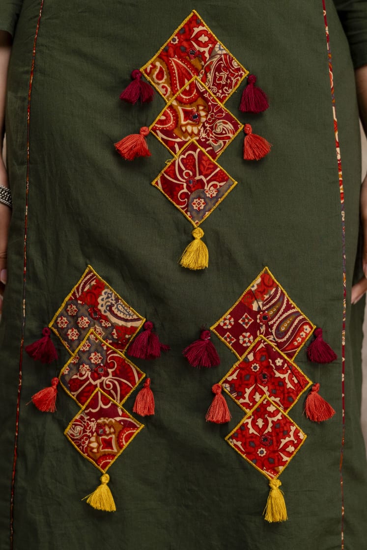 Ahalya Hand Embroidered Cotton Kurti Pant Set with Dupatta