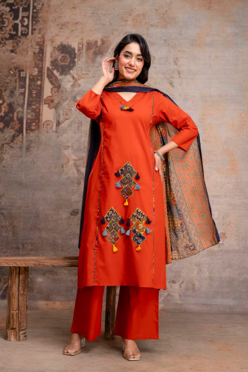 Long cotton kurti with hand embroidery and plain pant