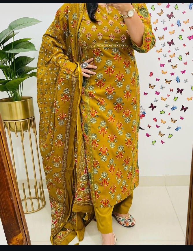 Full view of hand work cotton kurti set with soft dupatta

