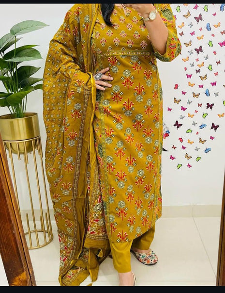 Full view of hand work cotton kurti set with soft dupatta

