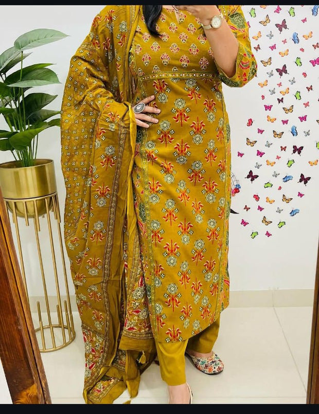 Full view of hand work cotton kurti set with soft dupatta


