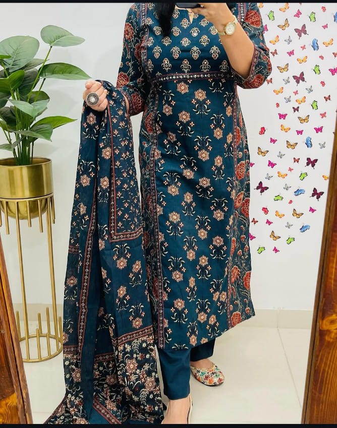 3-piece cotton kurti set with pant and 100x100 dupatta

