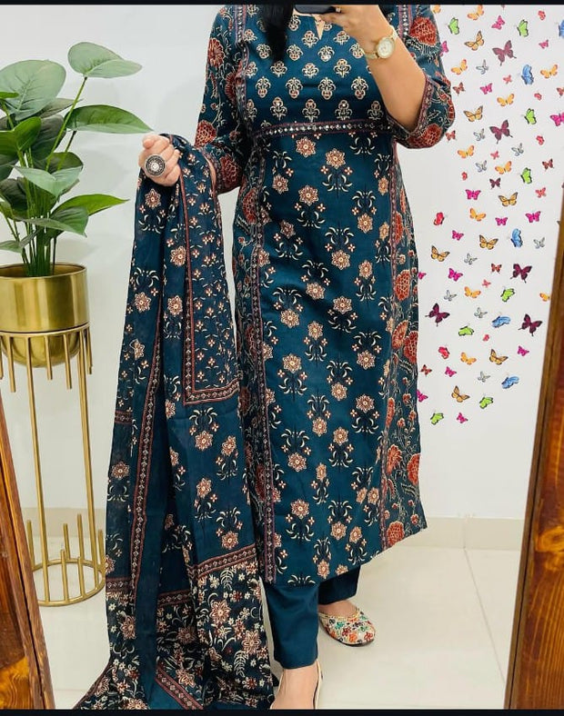 3-piece cotton kurti set with pant and 100x100 dupatta


