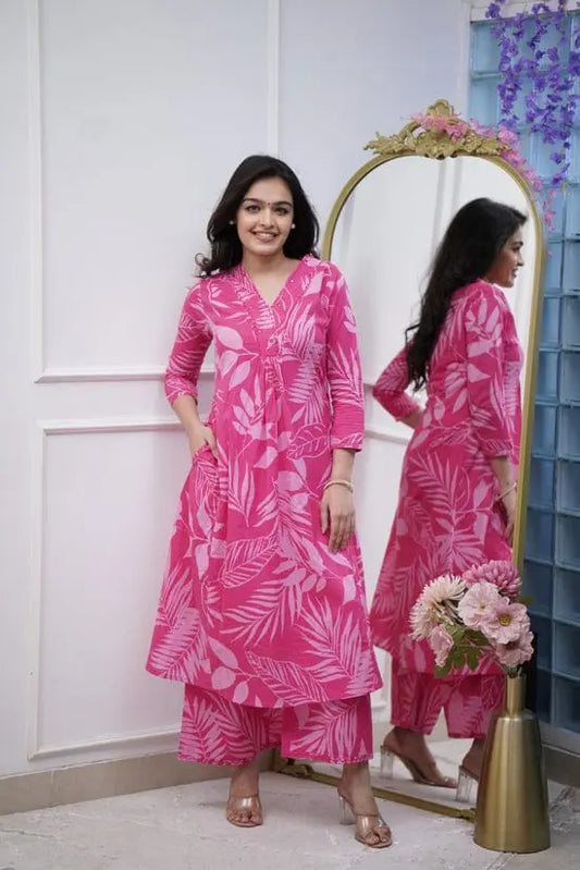 Pink cotton kurti with hand embroidery on yoke

