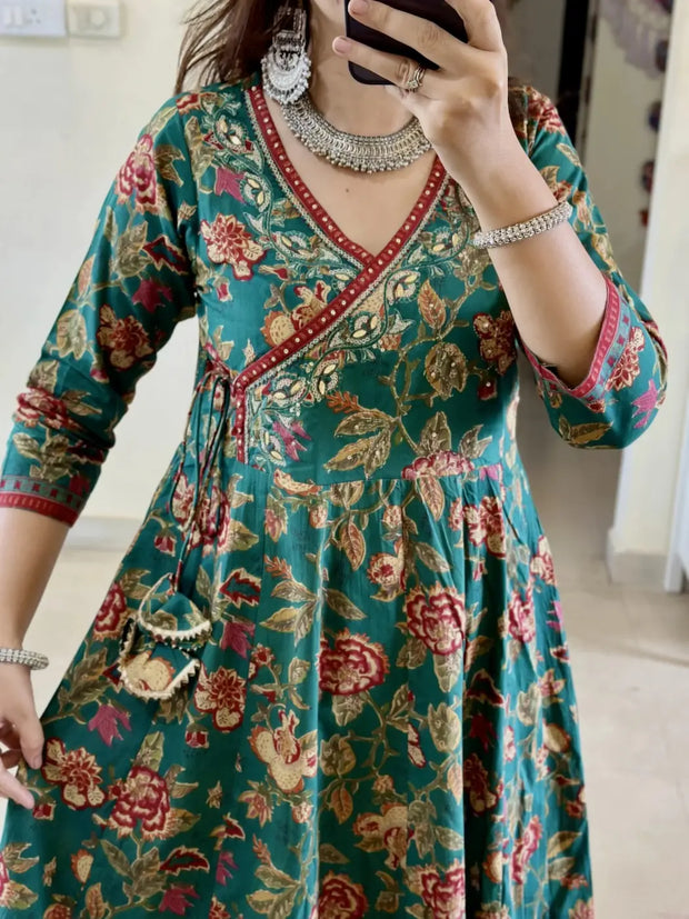 Embroidered neckline handblock Anarkali kurti with dupatta