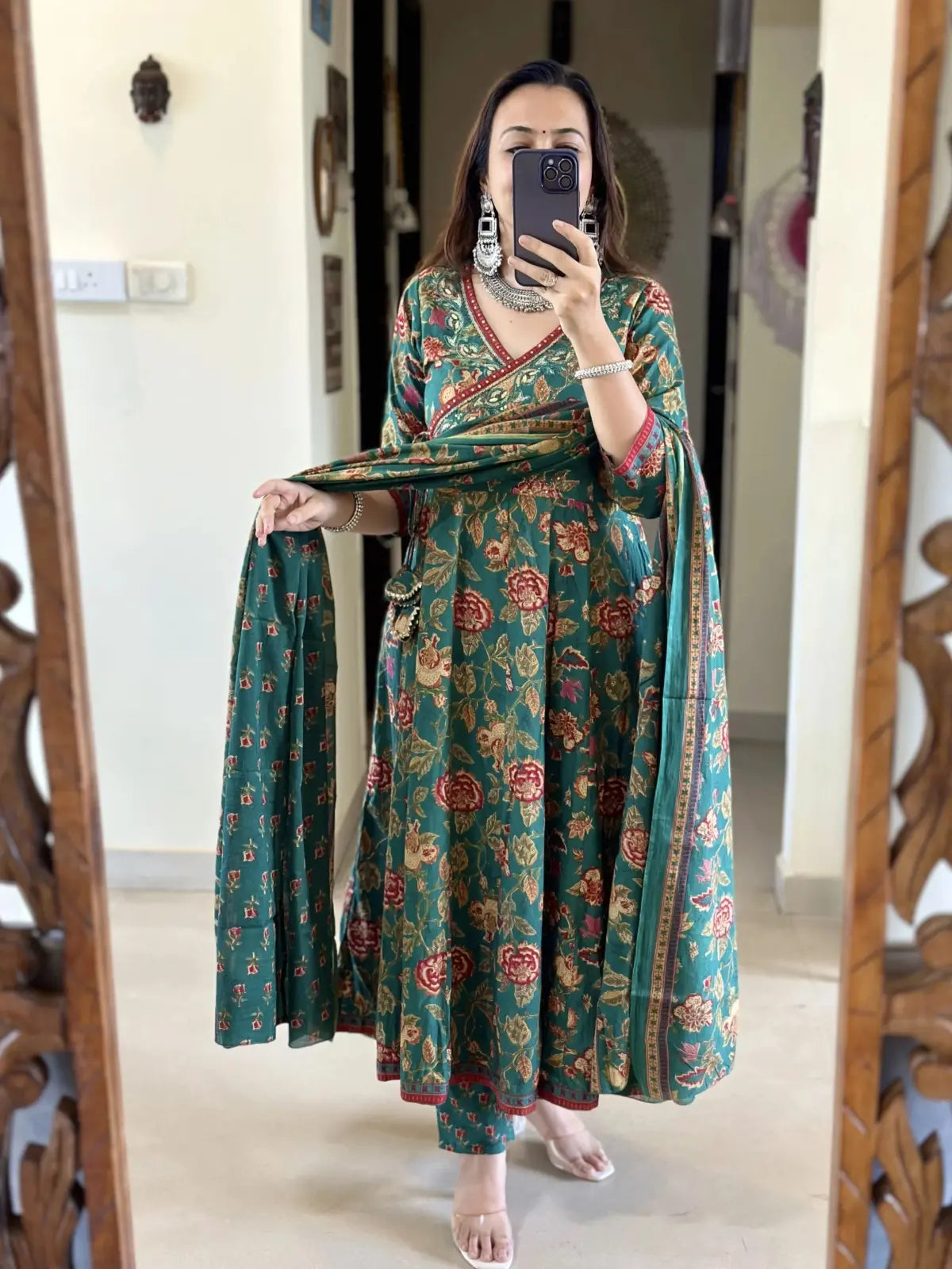 Handblock printed cotton Anarkali suit set with natural dye