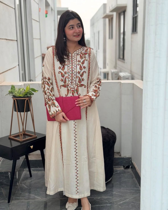 Handloom cotton flex kurti pant co-ord set with aari embroidery