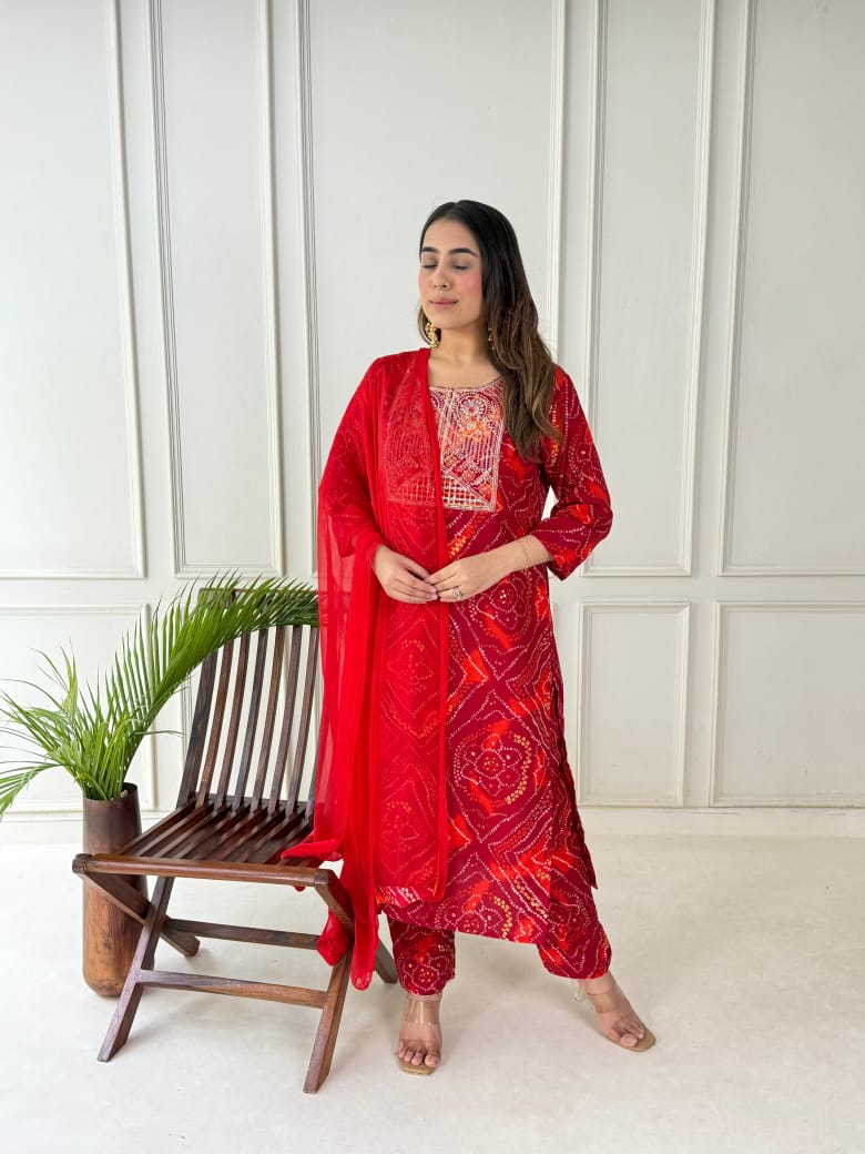 Handwork bandhani kurti front view with pant and dupatta

