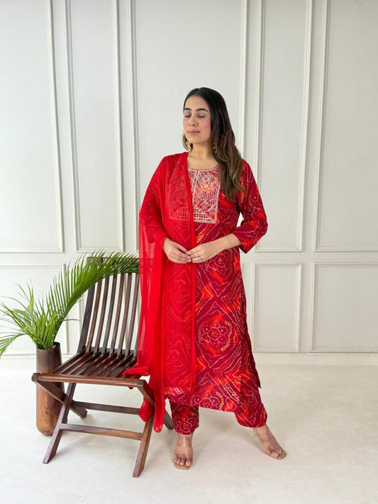 Handwork bandhani kurti front view with pant and dupatta

