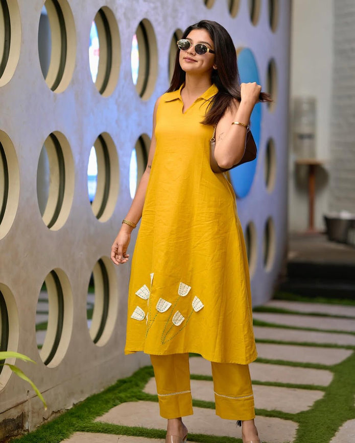 Handwork cotton co-ord set with ankle length pant for women