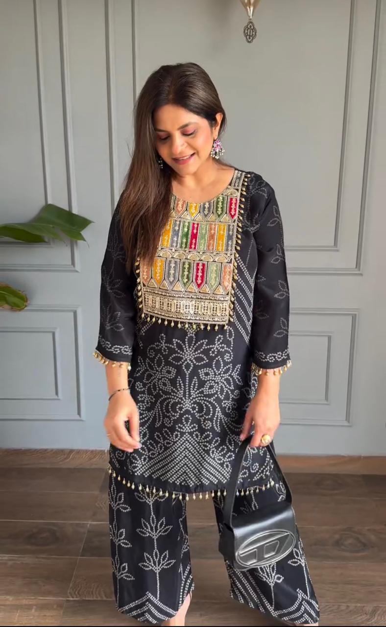 Designer chinon co-ord set with embroidery and lace sleeves