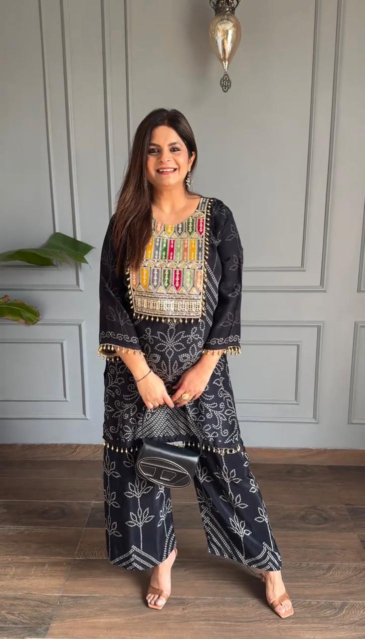 Heavy chinon co-ord set with original mirror work festive wear