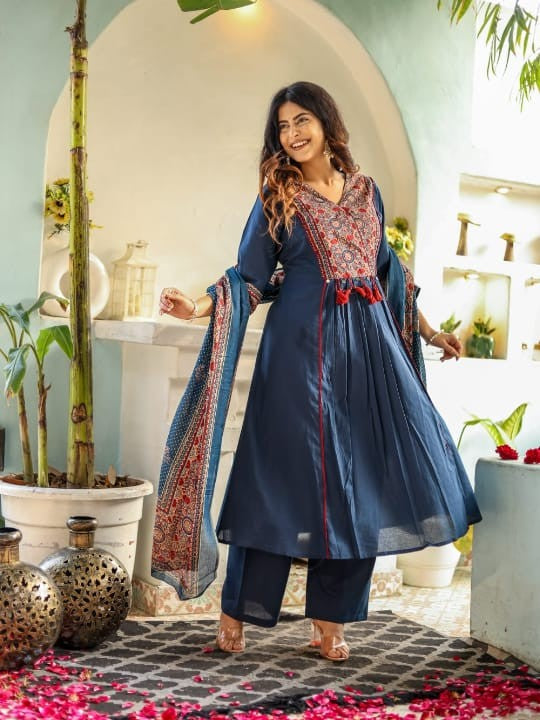 Ethnic cotton handwork kurti set displayed flatlay style