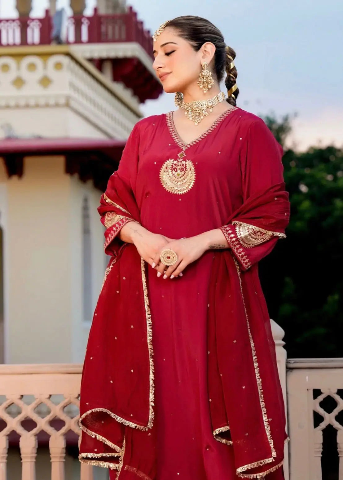 Festive chinon kurta pant dupatta set for women