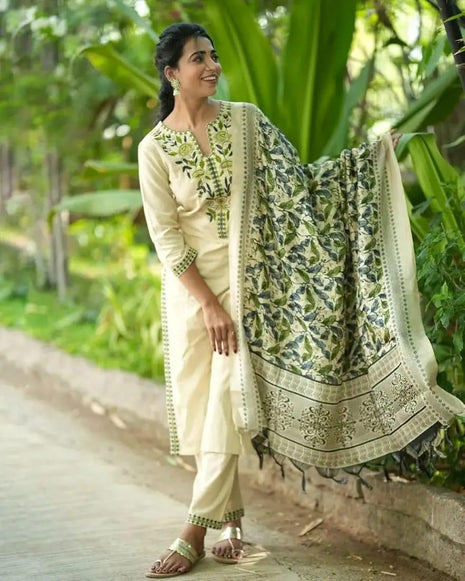 Premium cotton kurta pant set featuring detailed sleeve and pant embroidery