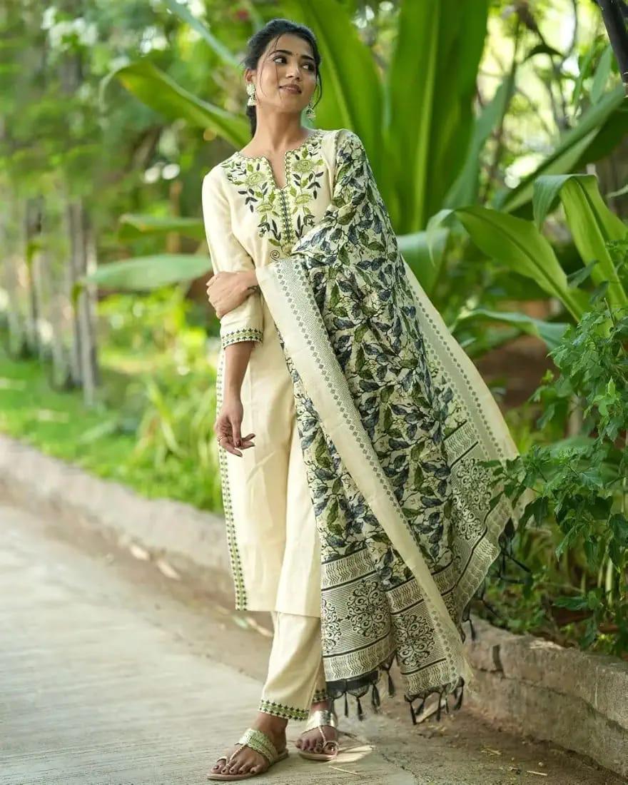 Festive cotton kurti set with heavy embroidery and silk dupatta
