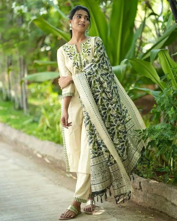 Festive cotton kurti set with heavy embroidery and silk dupatta