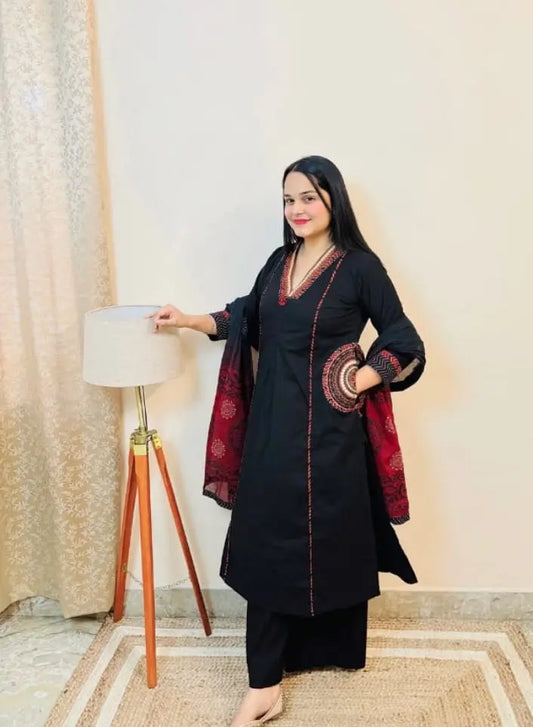 Heavy embroidered cotton suit with dupatta in festive in black