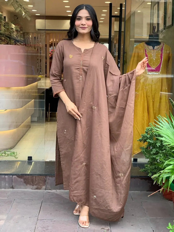 Heavy embroidered cotton kurti set with handwork and dupatta