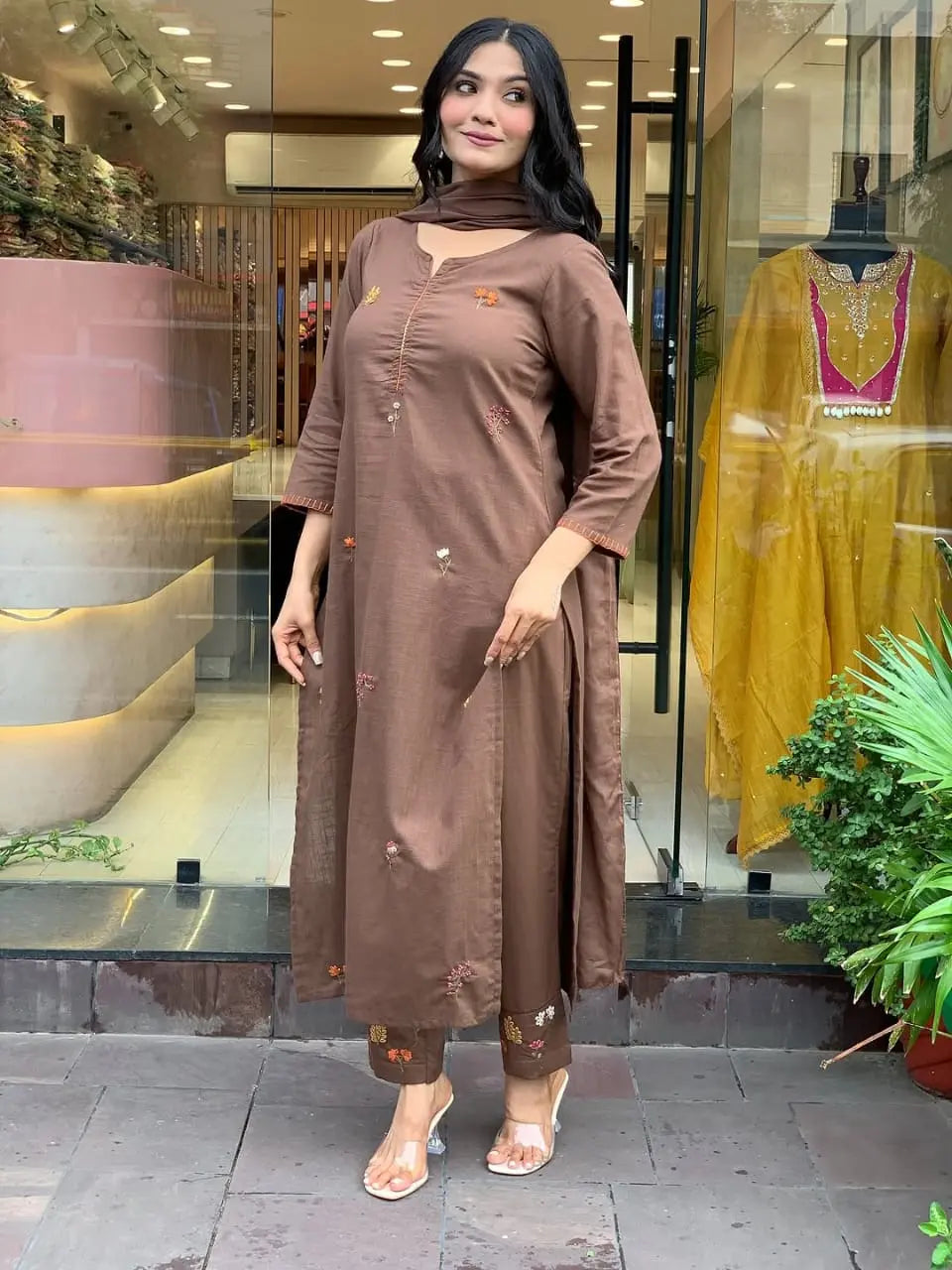 Festive cotton suit set in heavy embroidery work