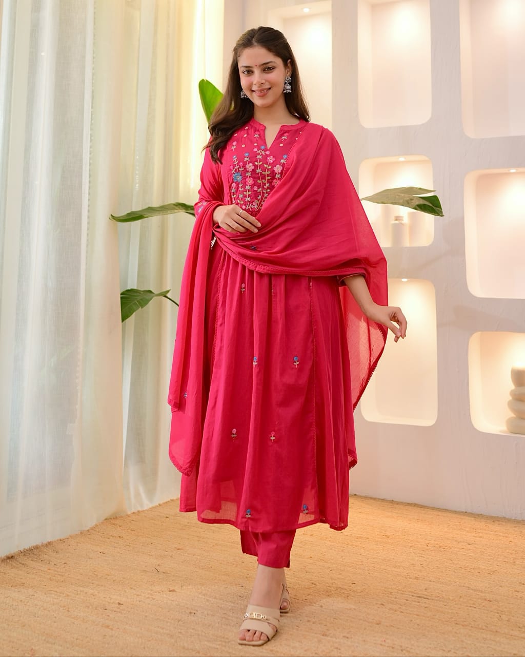 Full embroidery solid cotton suit with dupatta and pants