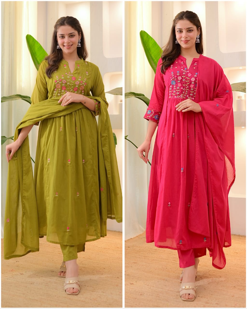Heavy embroidery cotton kurti pant dupatta set for festive wear