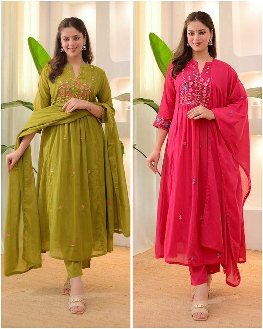 Heavy embroidery cotton kurti pant dupatta set for festive wear
