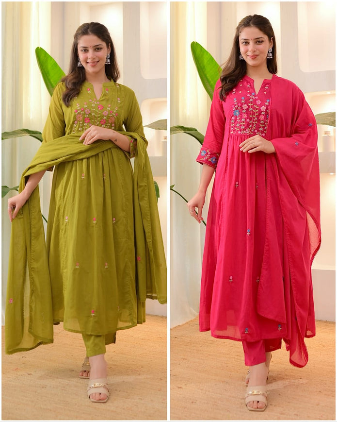 Heavy embroidery cotton kurti pant dupatta set for festive wear