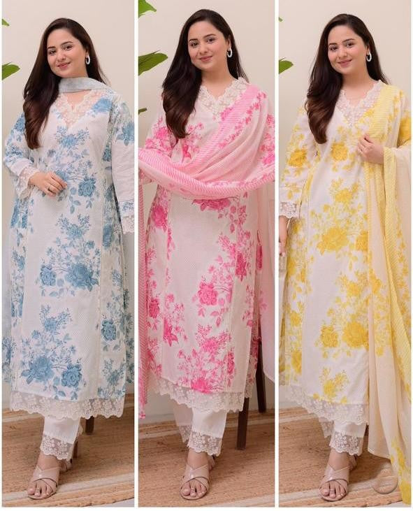 Malmal cotton suit set with heavy lace work

