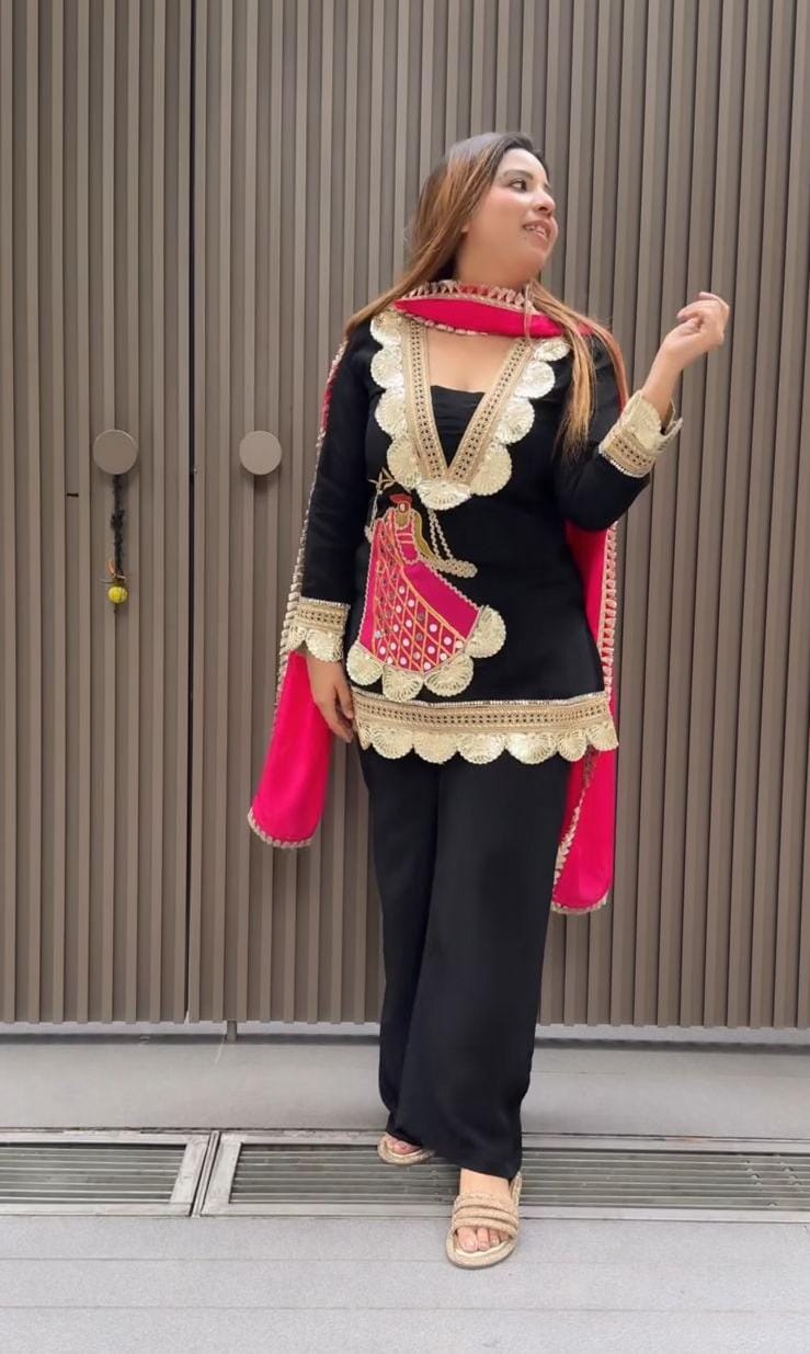 Embroidered Rayon Kurti with Palazzo and Dupatta