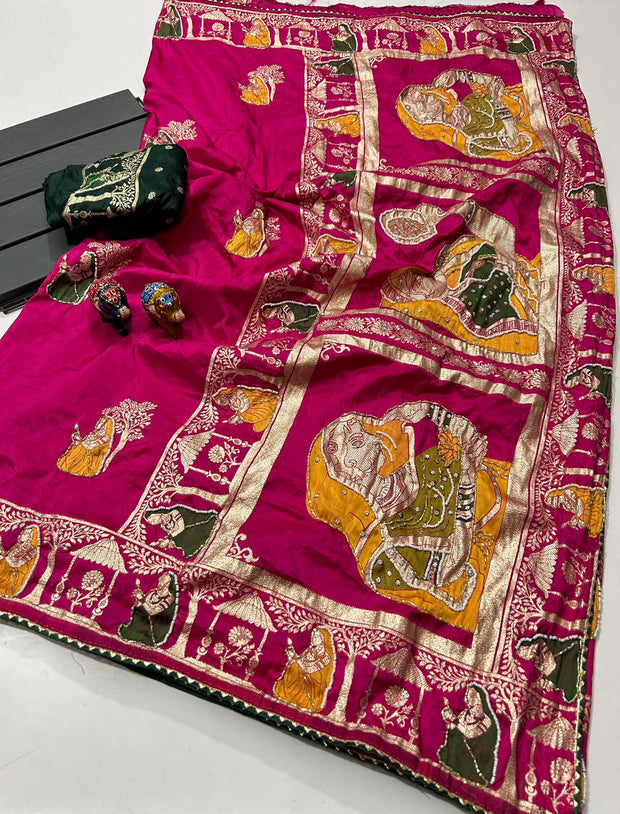 Maabetii Pink Pure Dola Silk Meenakari Zari Work Saree with Contrast Blouse