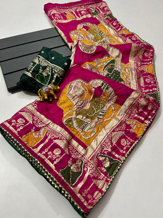 Maabetii Pink Pure Dola Silk Meenakari Zari Work Saree with Contrast Blouse