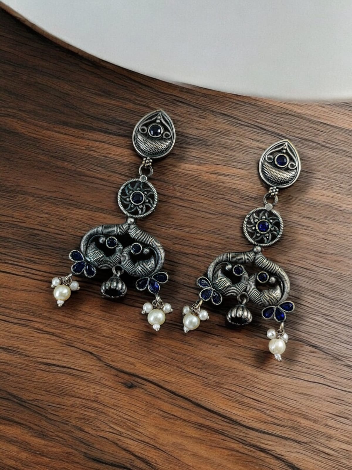 Maabetii Antique Silver Look - Alike Peacock Jhumka